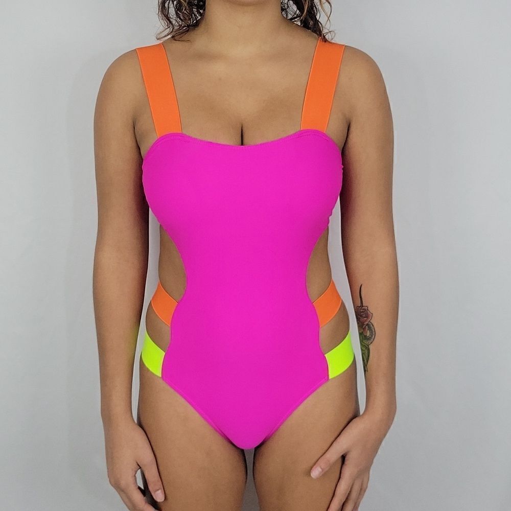 Color Block Neon Pink Orange & Yellow Barbiecore Strappy One Piece Swimsuit